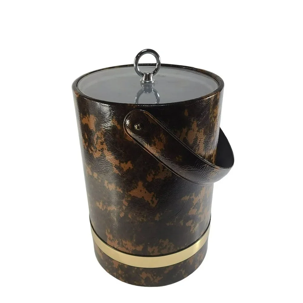 Vintage Mid Century Modern Ice Bucket Gold Brown Marbled Silver Handle